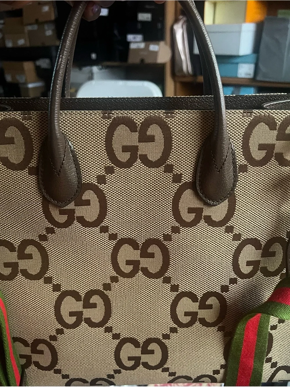 Gucci Monogram Canvas Tote with Green-Red Strap